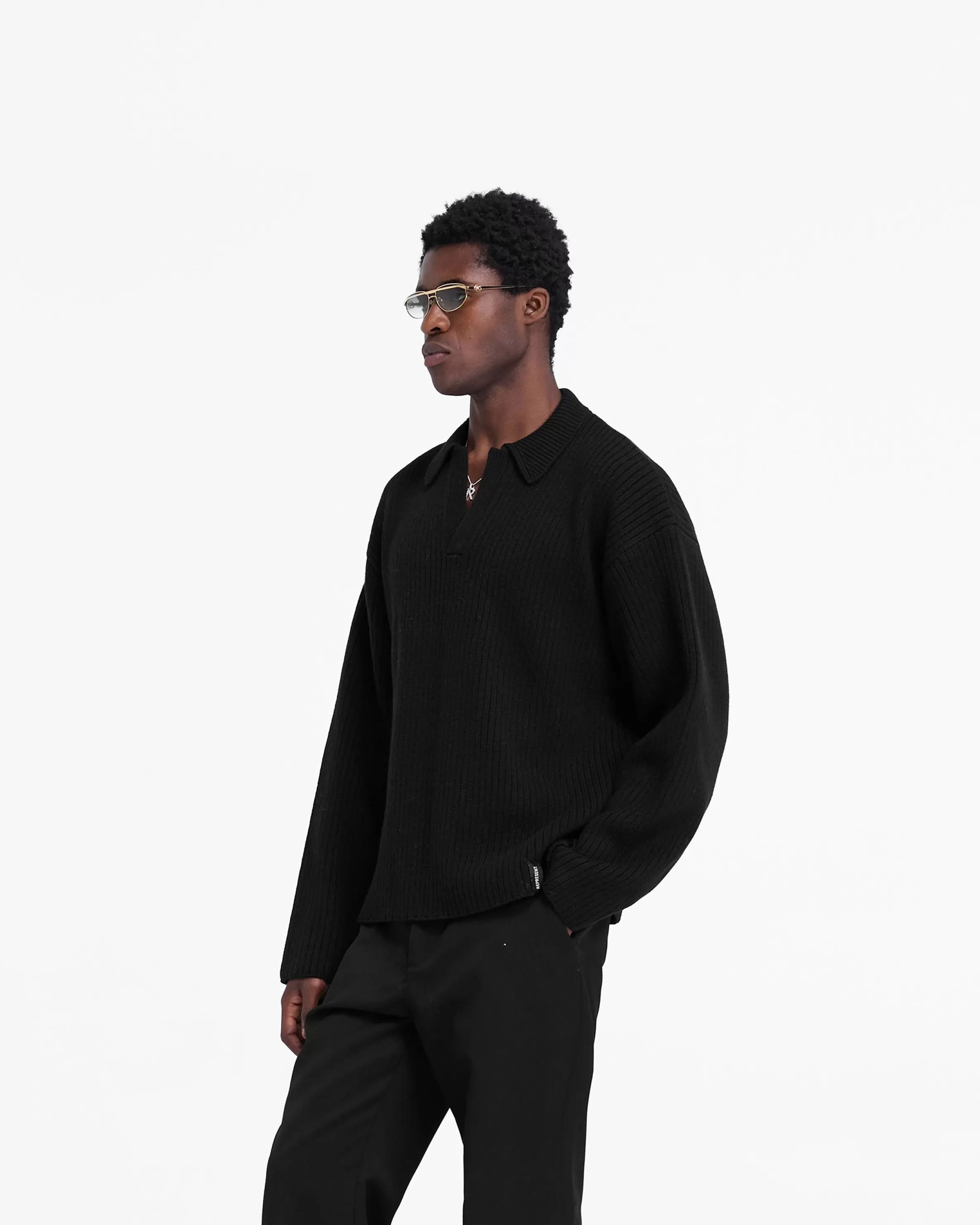 Ribbed Knit Polo - Jet Black^Represent Online