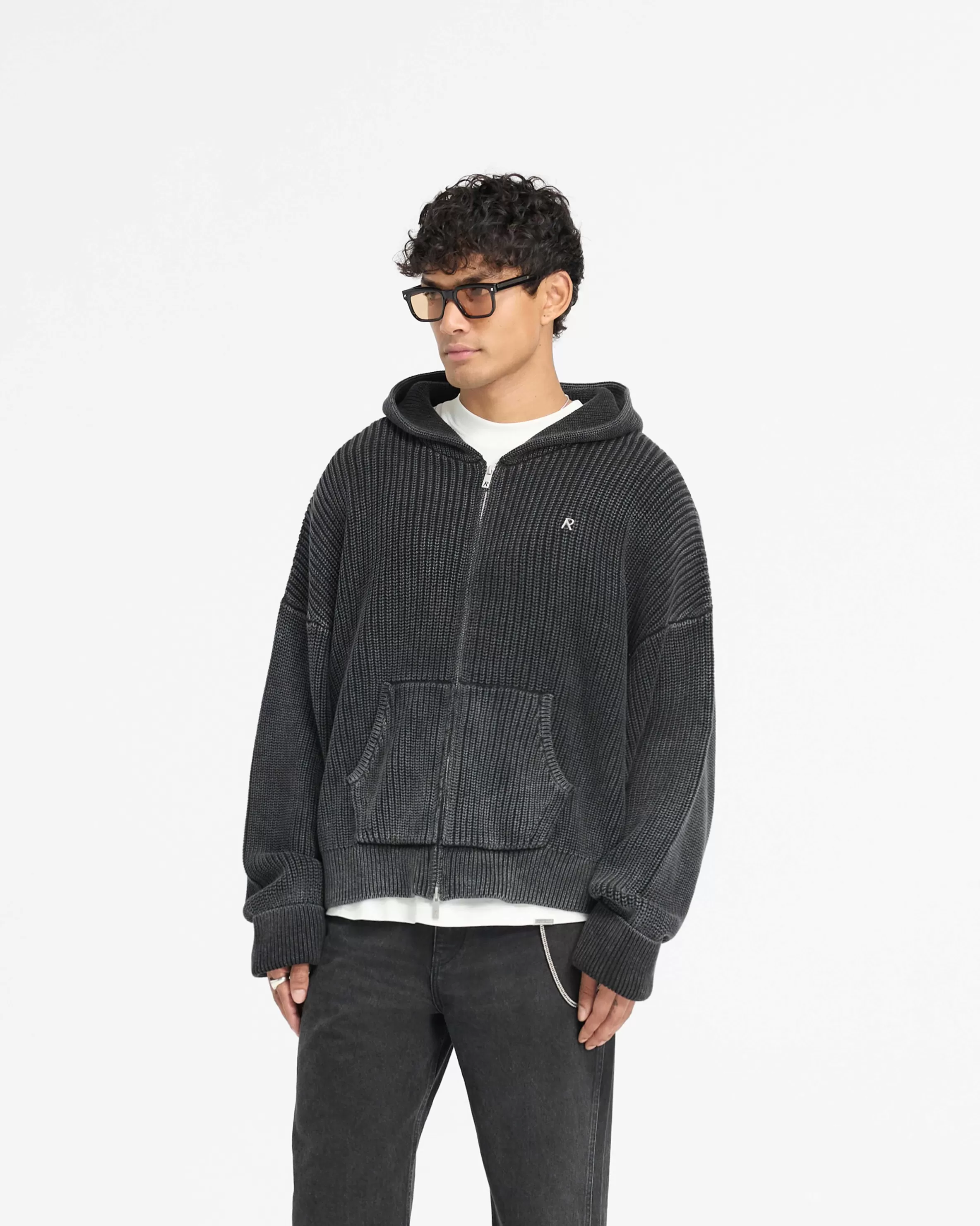 Ribbed Zip Through Hoodie - Jet Black^Represent Clearance